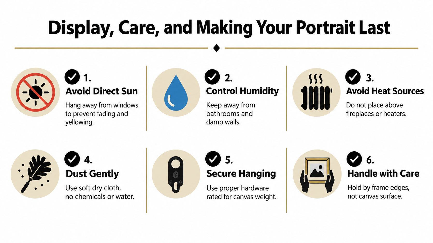 A guide listing six tips for displaying and caring for canvas portraits to ensure long-lasting quality.