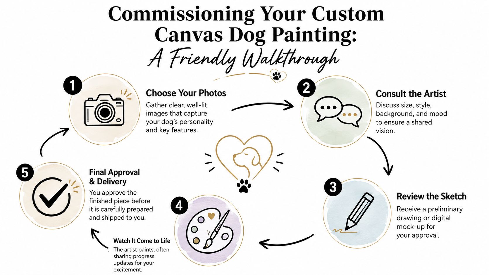 A friendly five-step infographic guide on the process of commissioning a custom canvas dog painting from an artist.