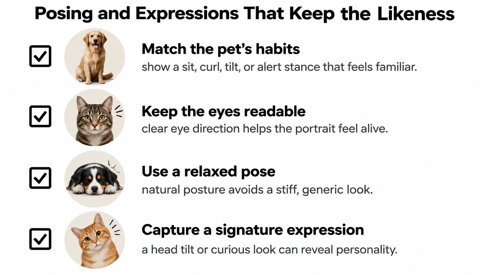 An infographic titled Posing and Expressions That Keep the Likeness, showing four tips for photographing pets.