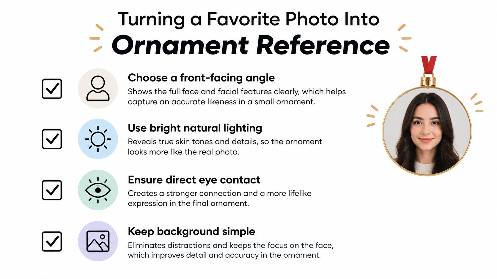 An infographic titled Turning a Favorite Photo Into Ornament Reference showing four tips for choosing photos for custom ornaments.