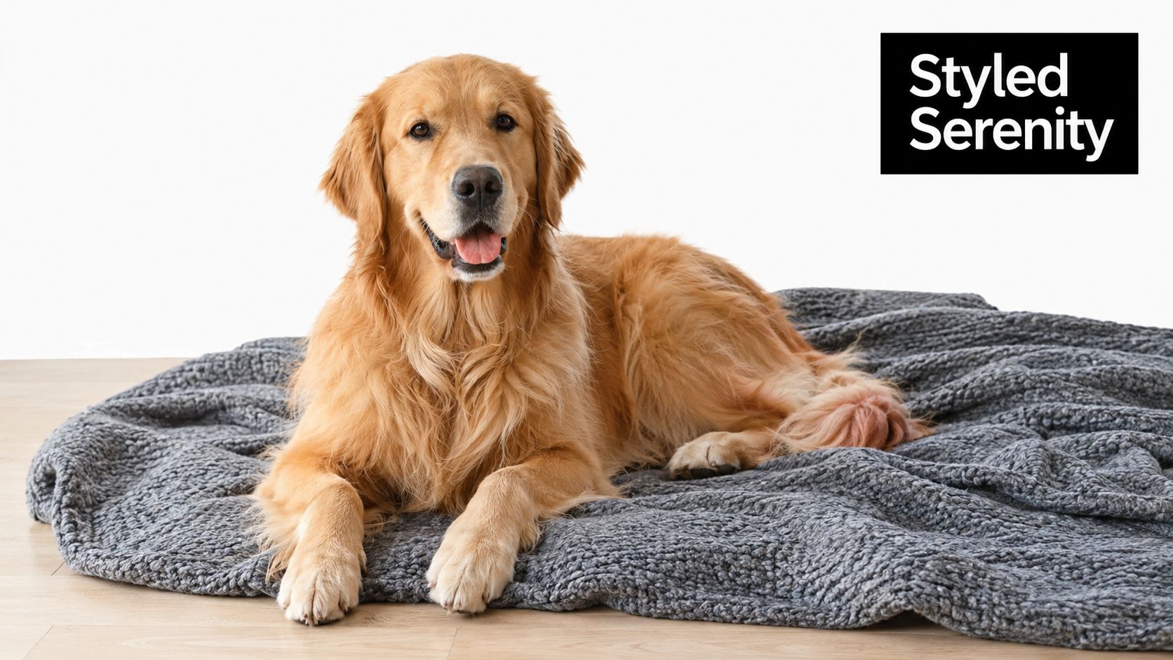 A happy golden retriever dog lying comfortably on a soft, grey knitted blanket on a wooden floor.