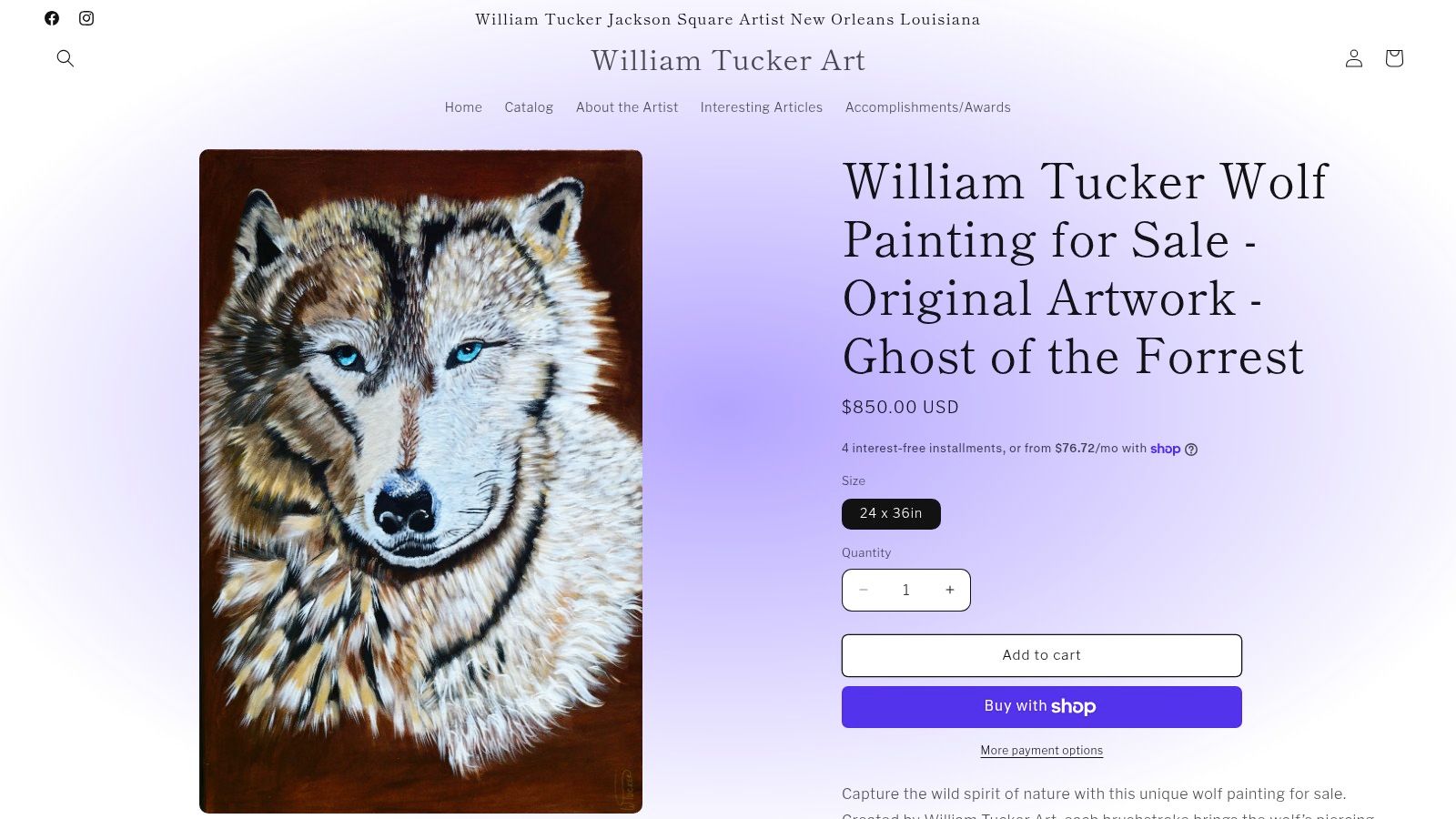 Detailed wolf painting for sale by William Tucker Art featuring a close-up of a wolf with blue eyes