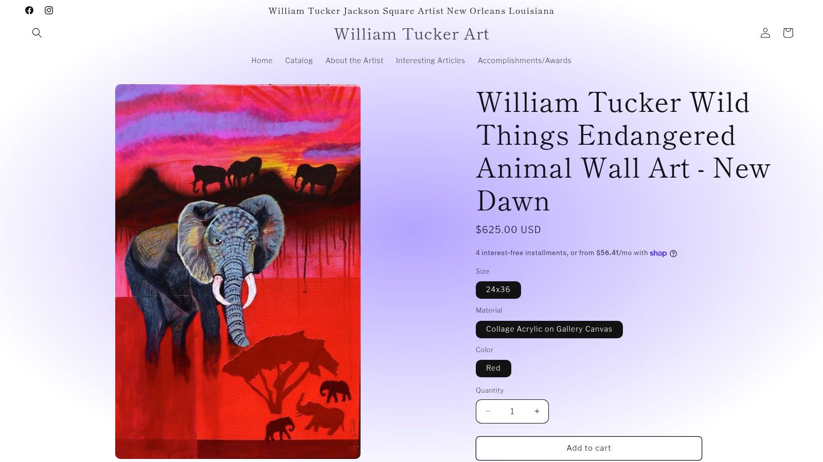 Elephant painting with vibrant sunset from William Tucker Art's Wild Things Collection