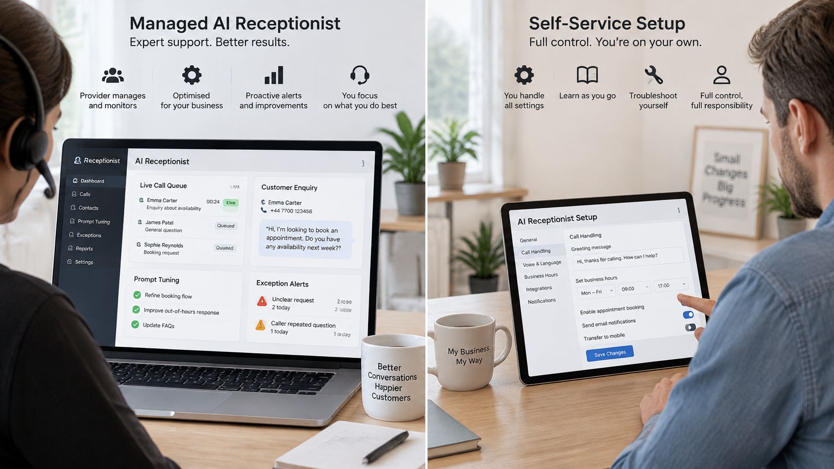 A split image showing a managed AI receptionist service on a laptop versus a self-service setup tablet.