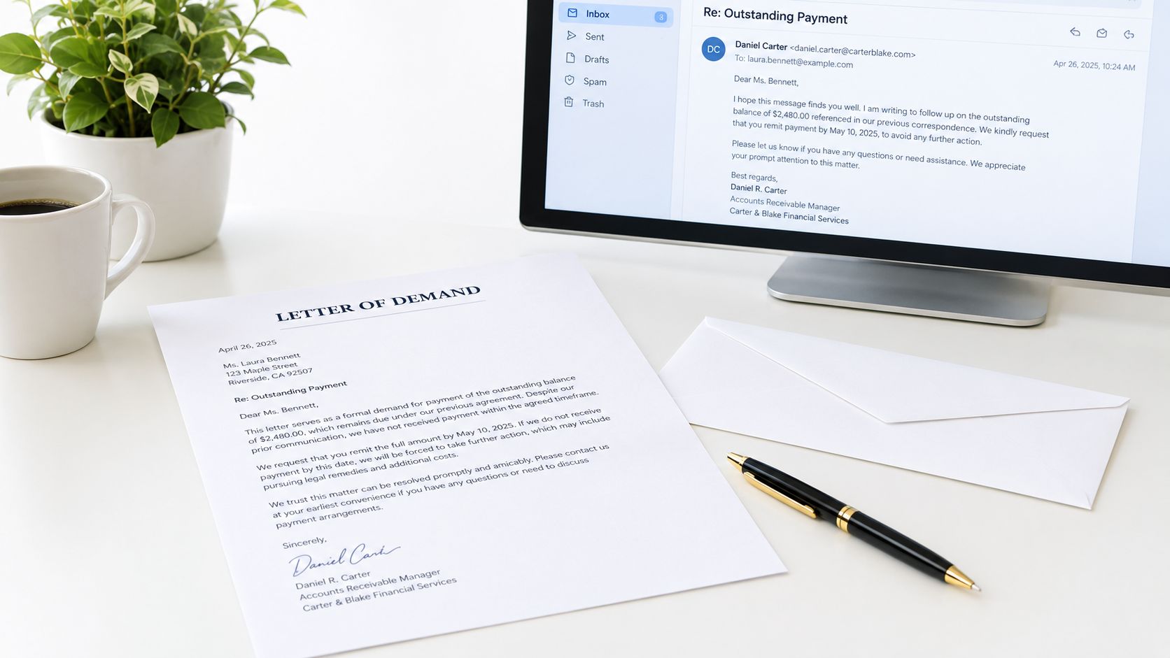 A printed letter of demand and an email on a computer screen requesting an overdue payment.