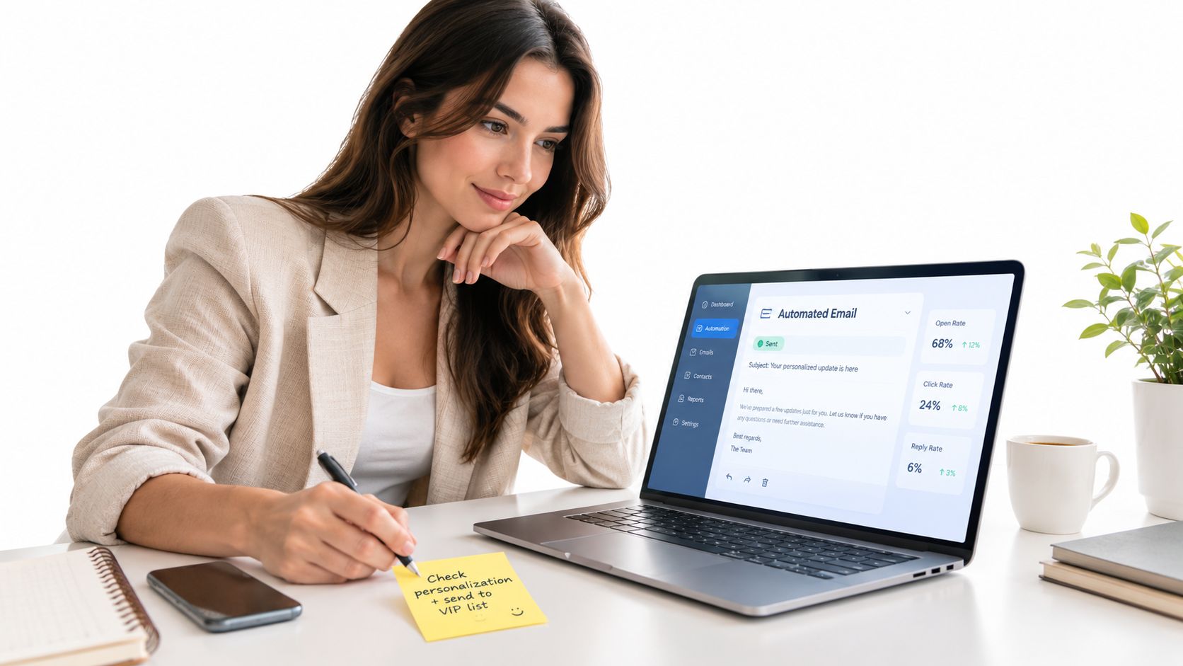 A professional woman working on a laptop while taking notes on a yellow sticky note at her desk.