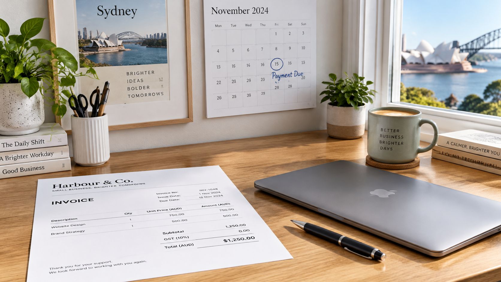 A professional desk setup featuring a laptop, an invoice document, a calendar, and a coffee mug.