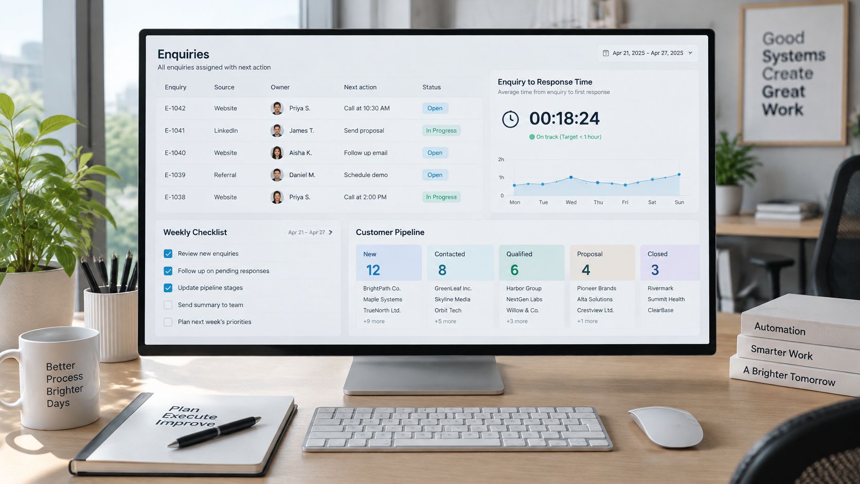 A professional computer monitor displaying a business enquiry dashboard with charts and checklists on a desk.