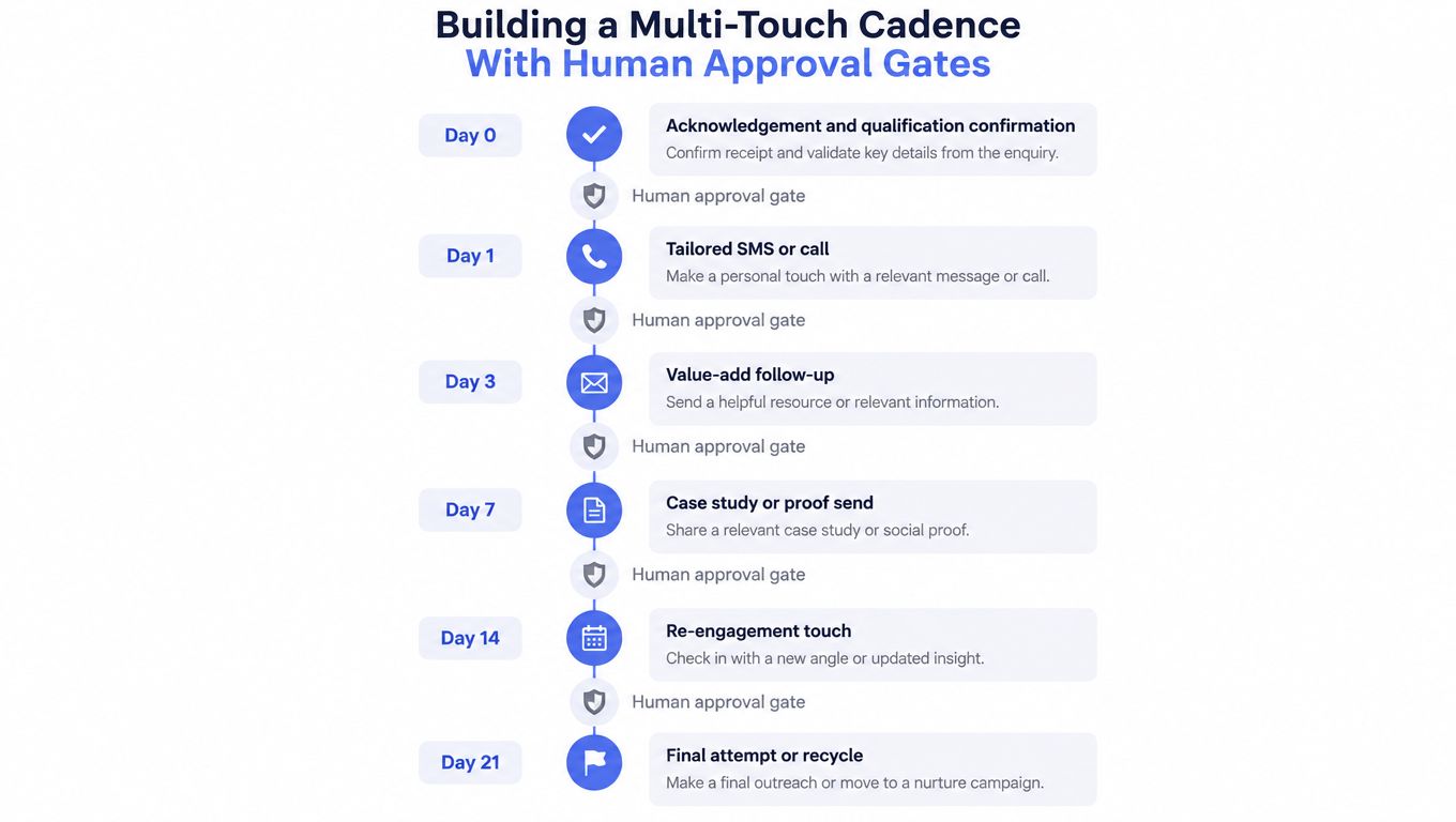 A timeline graphic showing a multi-touch lead follow-up cadence strategy with recurring human approval gates.