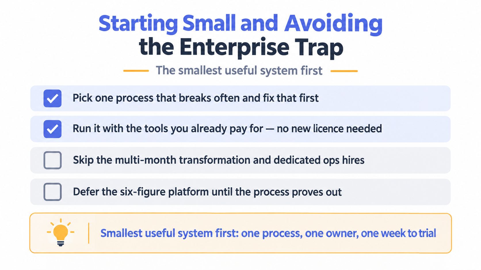 A graphic titled Starting Small and Avoiding the Enterprise Trap outlining steps for efficient business process improvement.