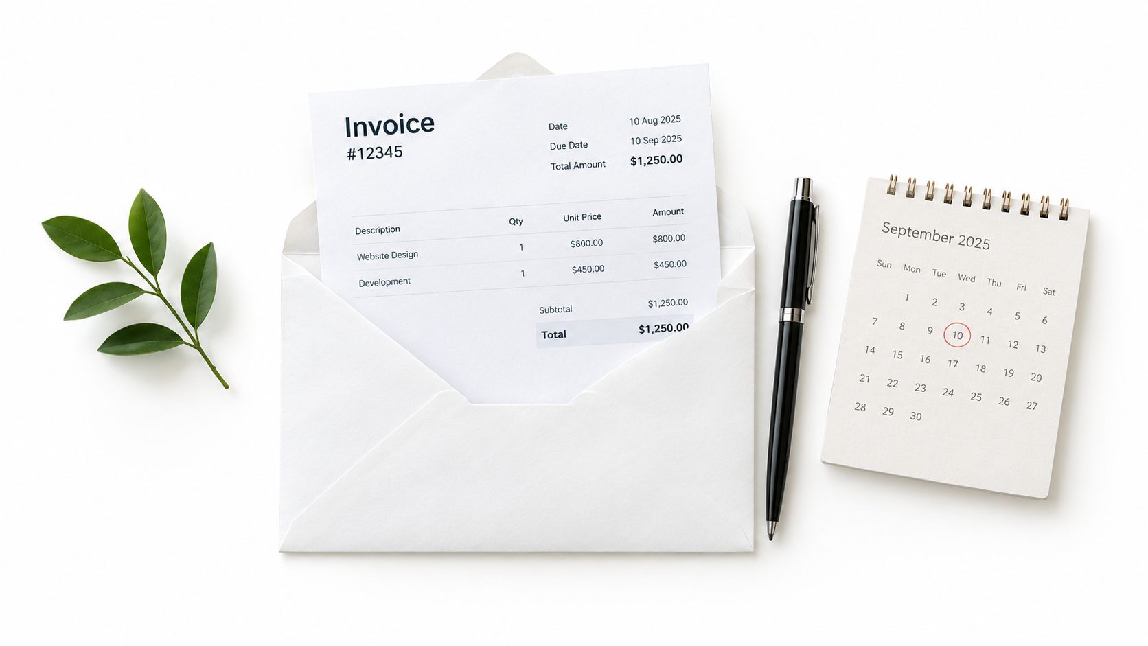 A professional invoice payment reminder placed in an envelope next to a black pen and a calendar.