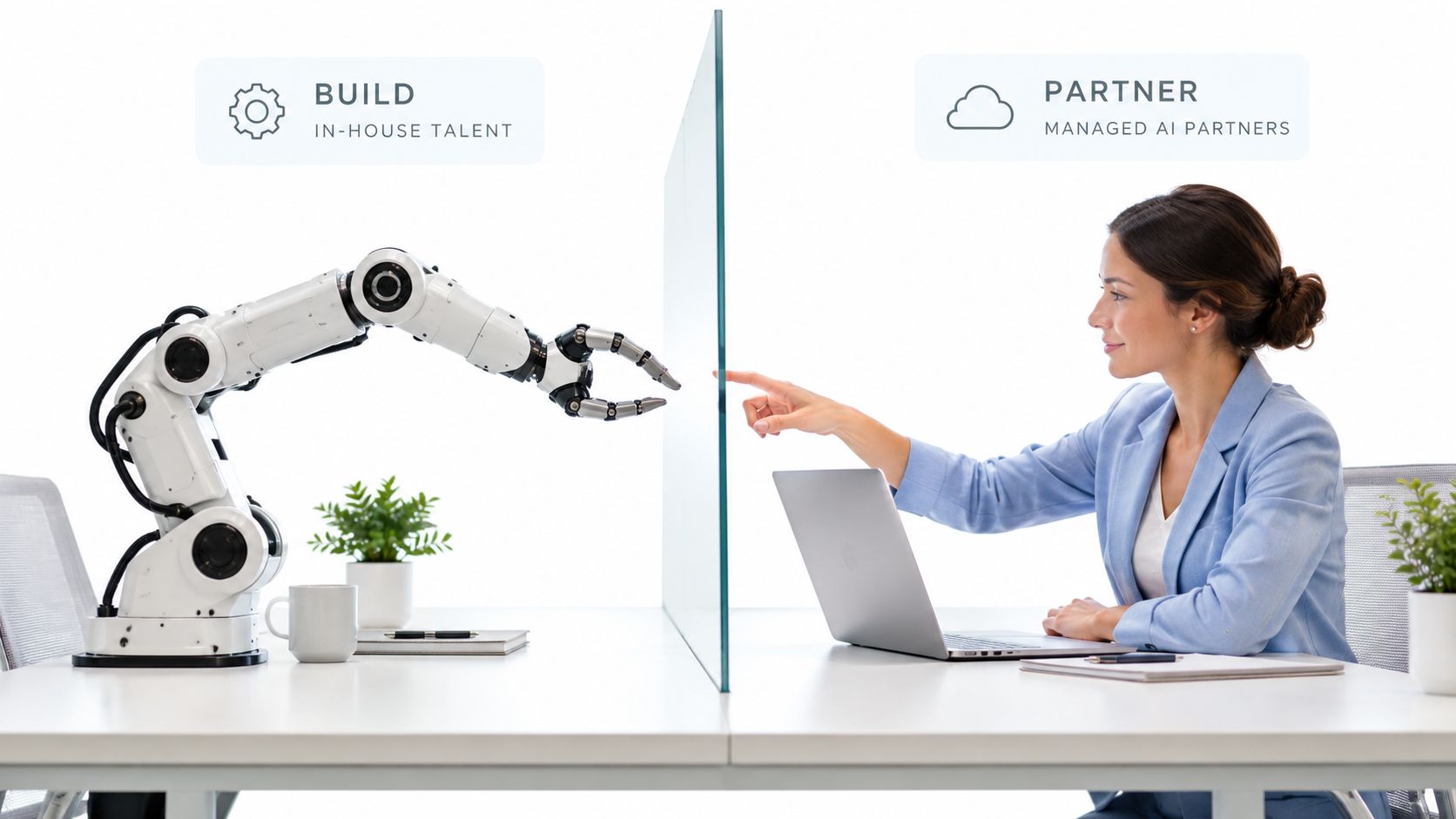 A robot arm and a professional woman interacting through a glass partition, symbolizing AI automation strategies.