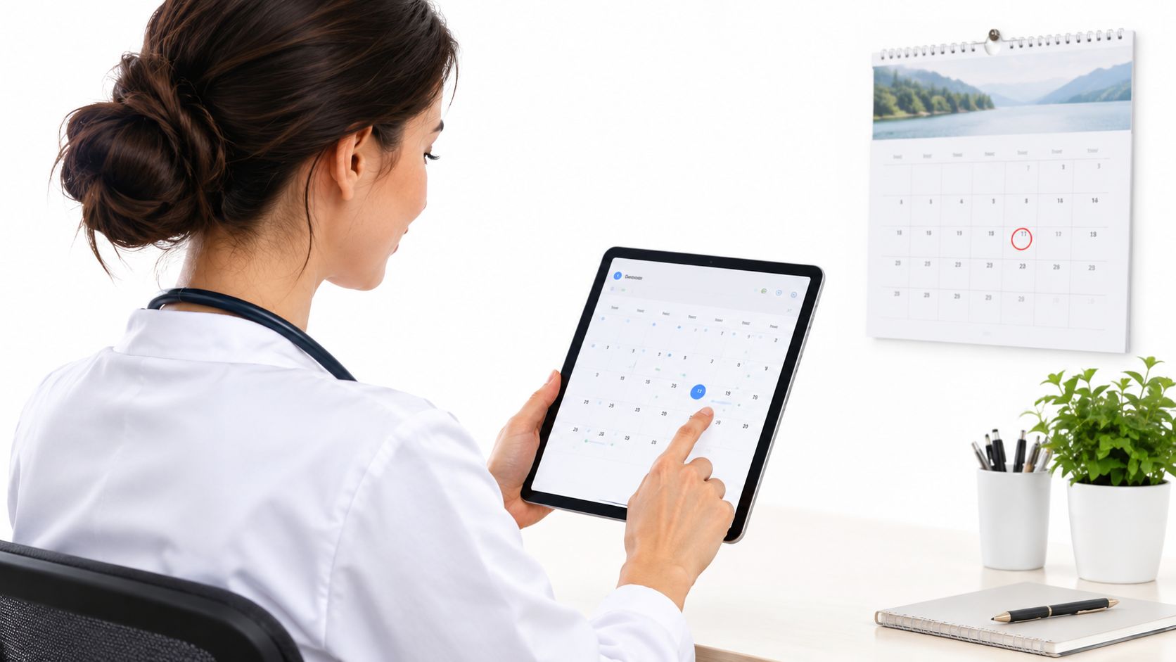 A female doctor reviewing medical appointments on a tablet while sitting at her office desk.