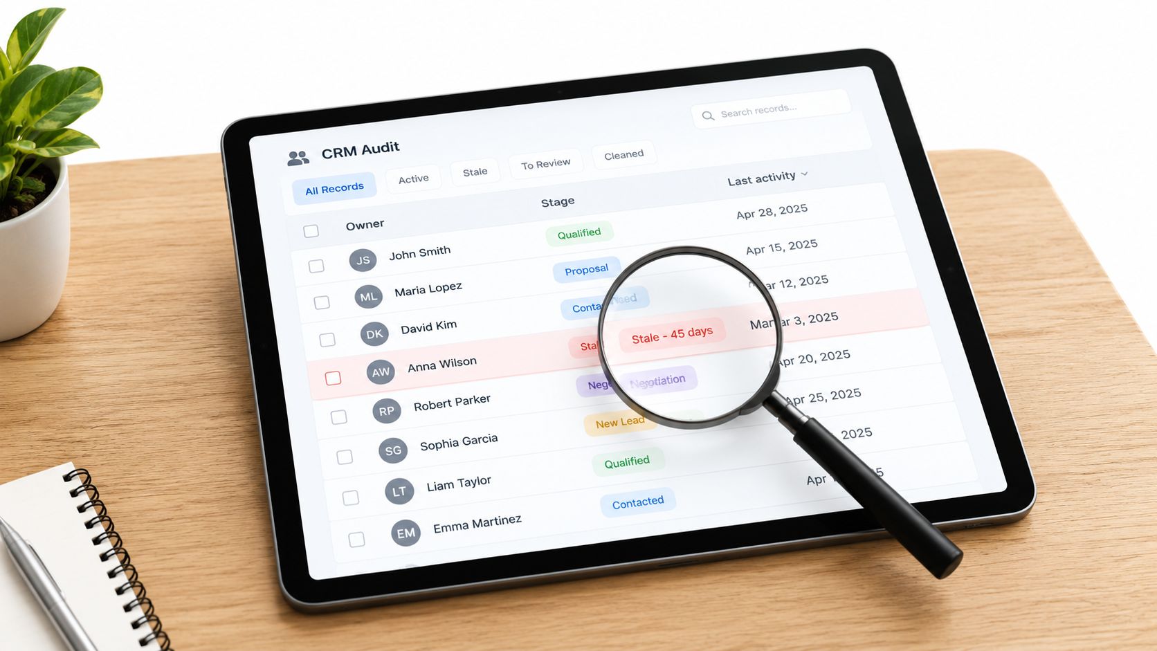 A magnifying glass resting on a tablet screen showing a CRM audit table with customer contact details.