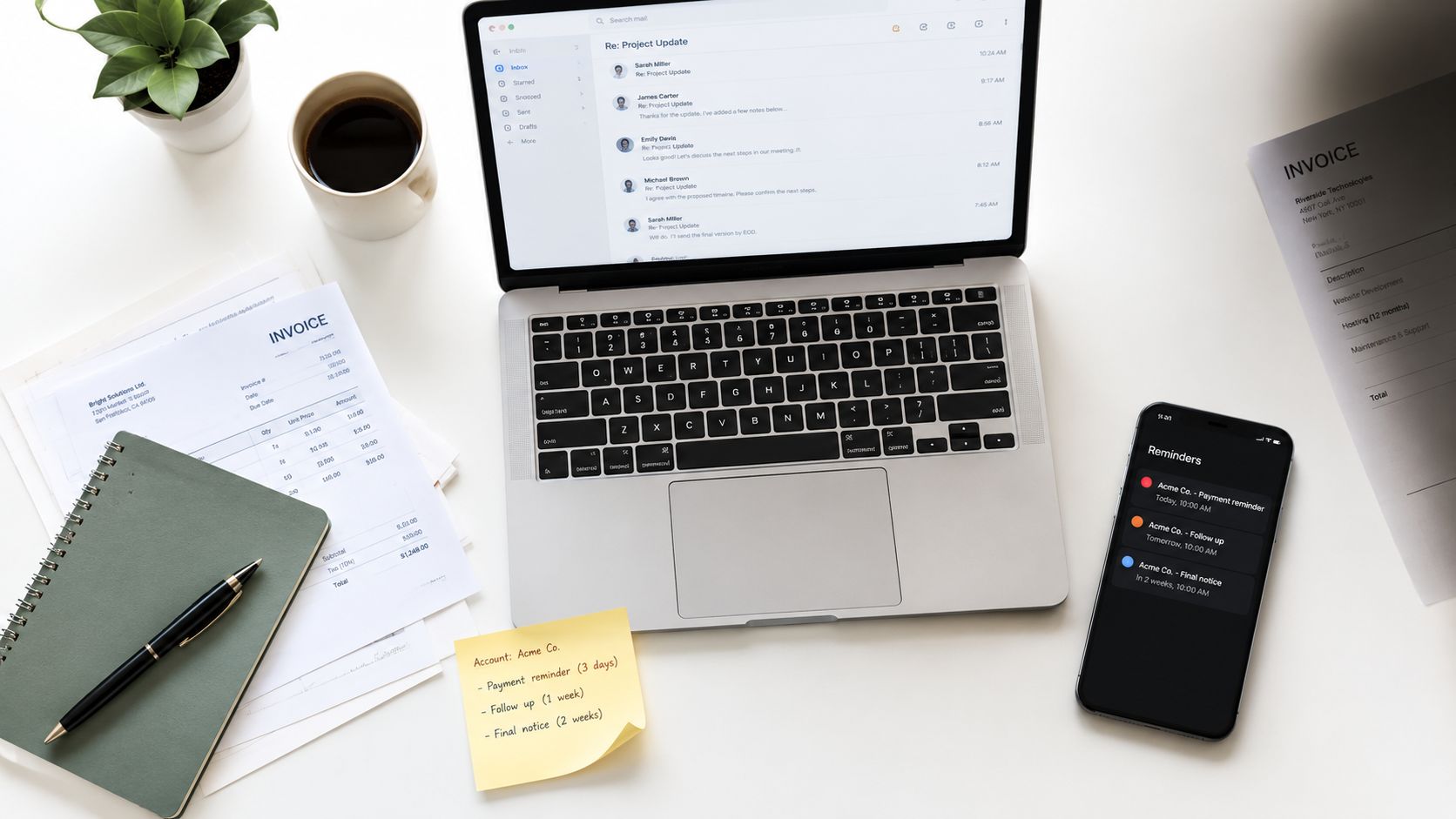 A professional desk setup with a laptop, smartphone showing reminders, invoices, and a notebook for cash management.