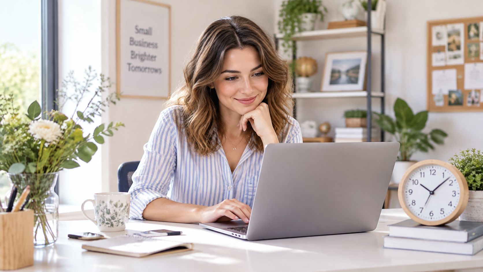 A woman working on a laptop at a desk with flowers, a clock, and a notebook.
