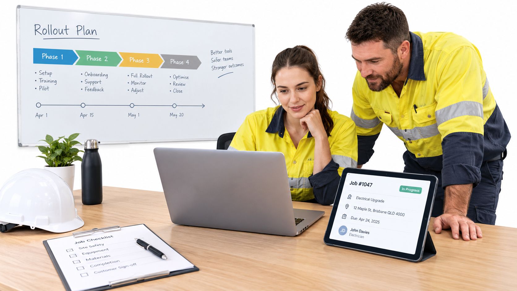 A female worker and male supervisor reviewing project progress using a laptop and tablet in an office.