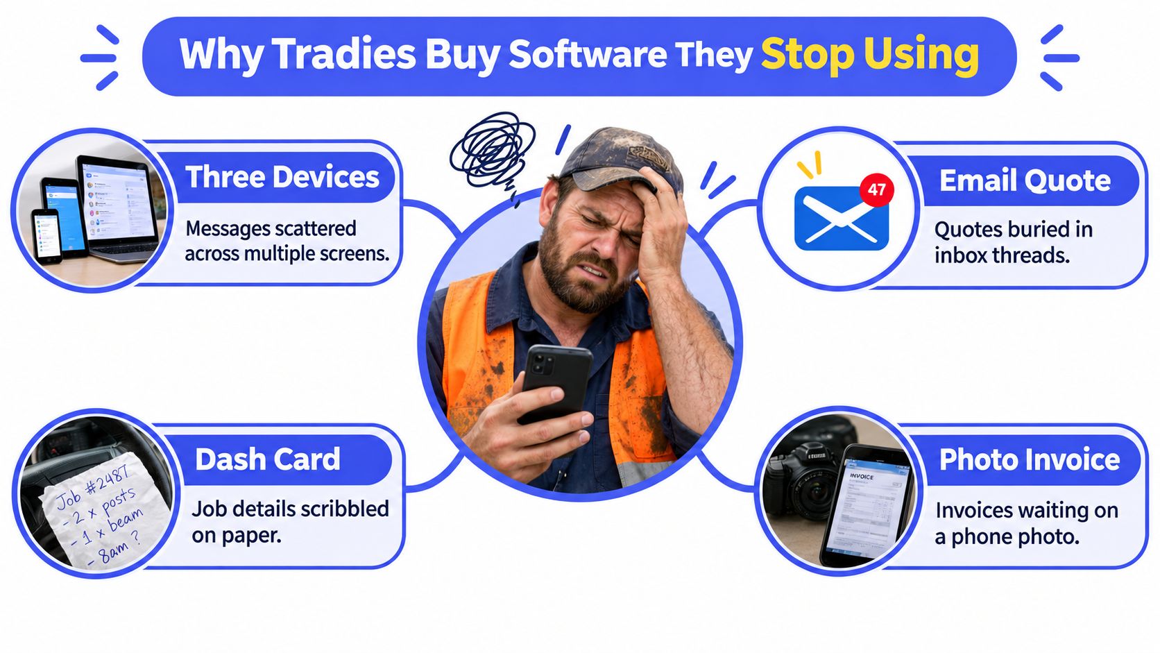 A frustrated tradesman checking his phone, illustrating the common pain points and complexities of manual job management.