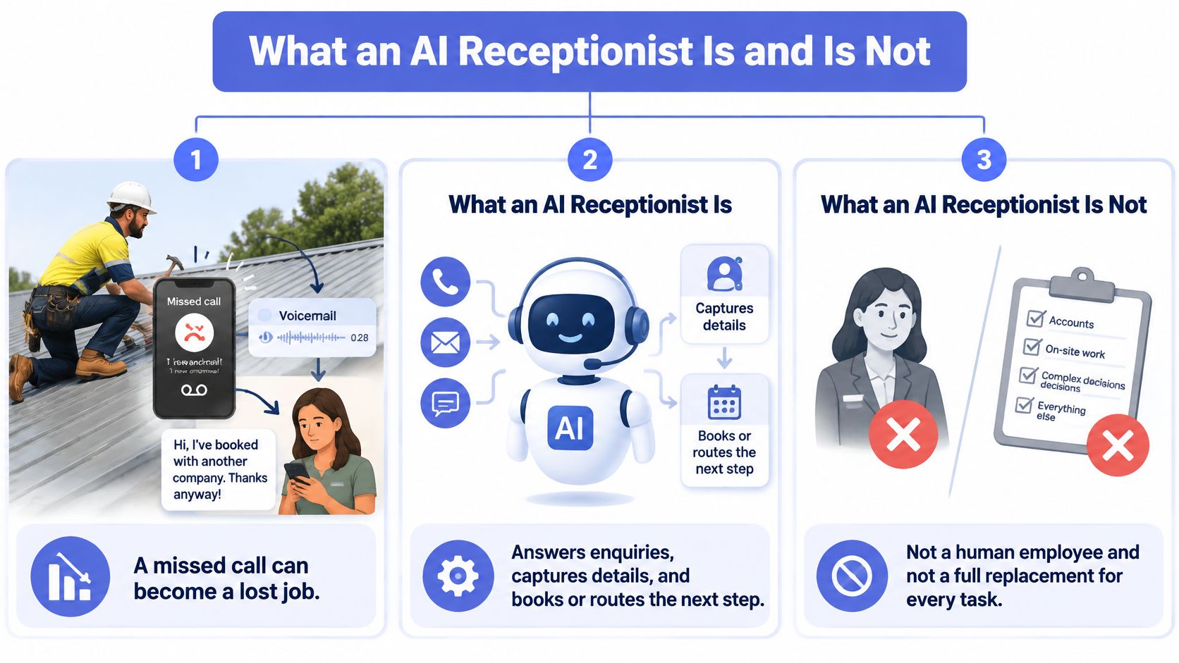 An infographic explaining how an AI receptionist works, what it does, and what it cannot do.