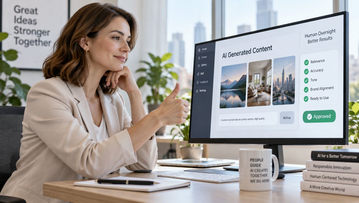 A professional woman working at a desk with an AI content generation interface displayed on her computer monitor.