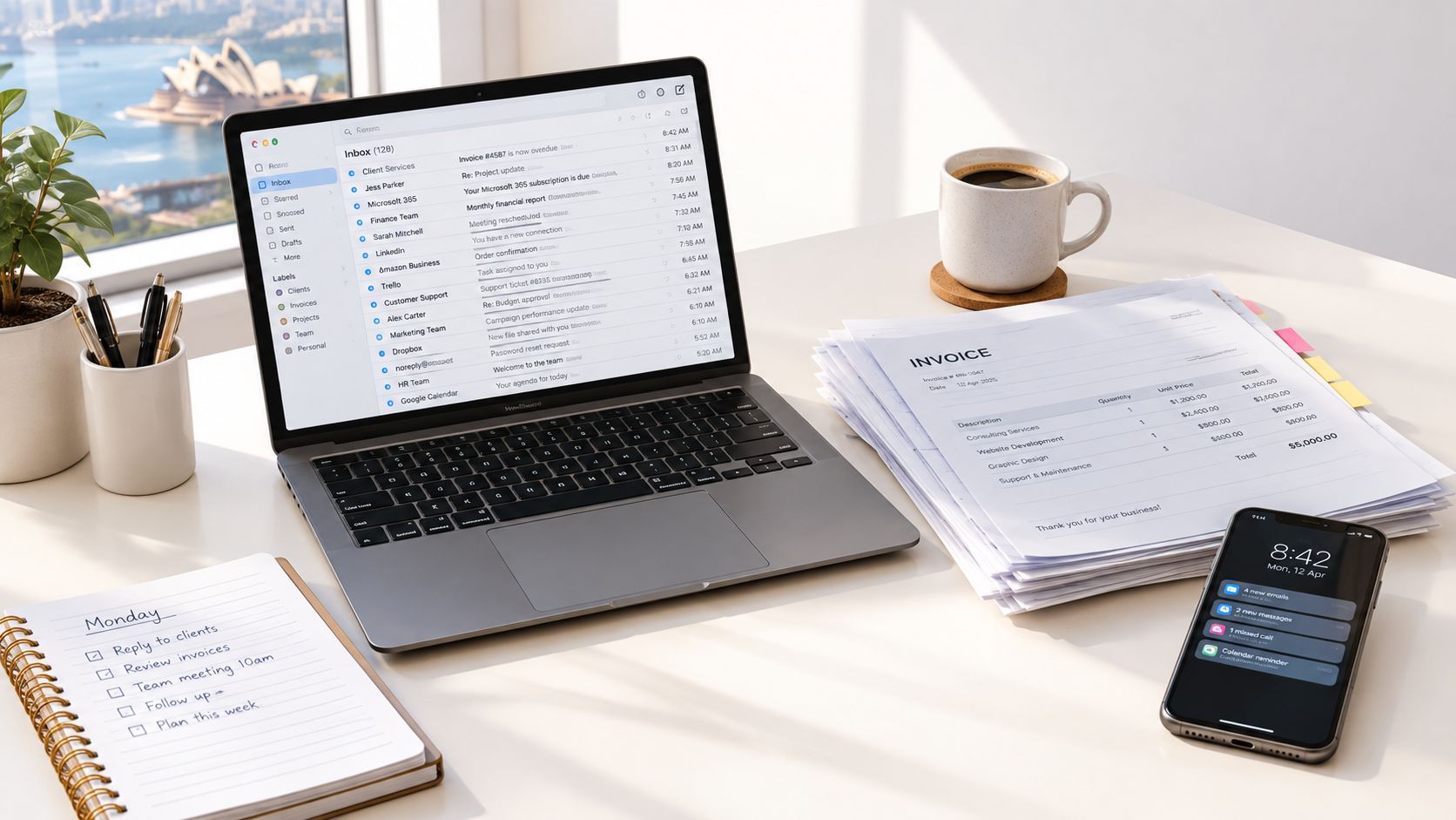 A modern workspace with a laptop displaying email, a smartphone with notifications, a coffee cup, and an invoice.