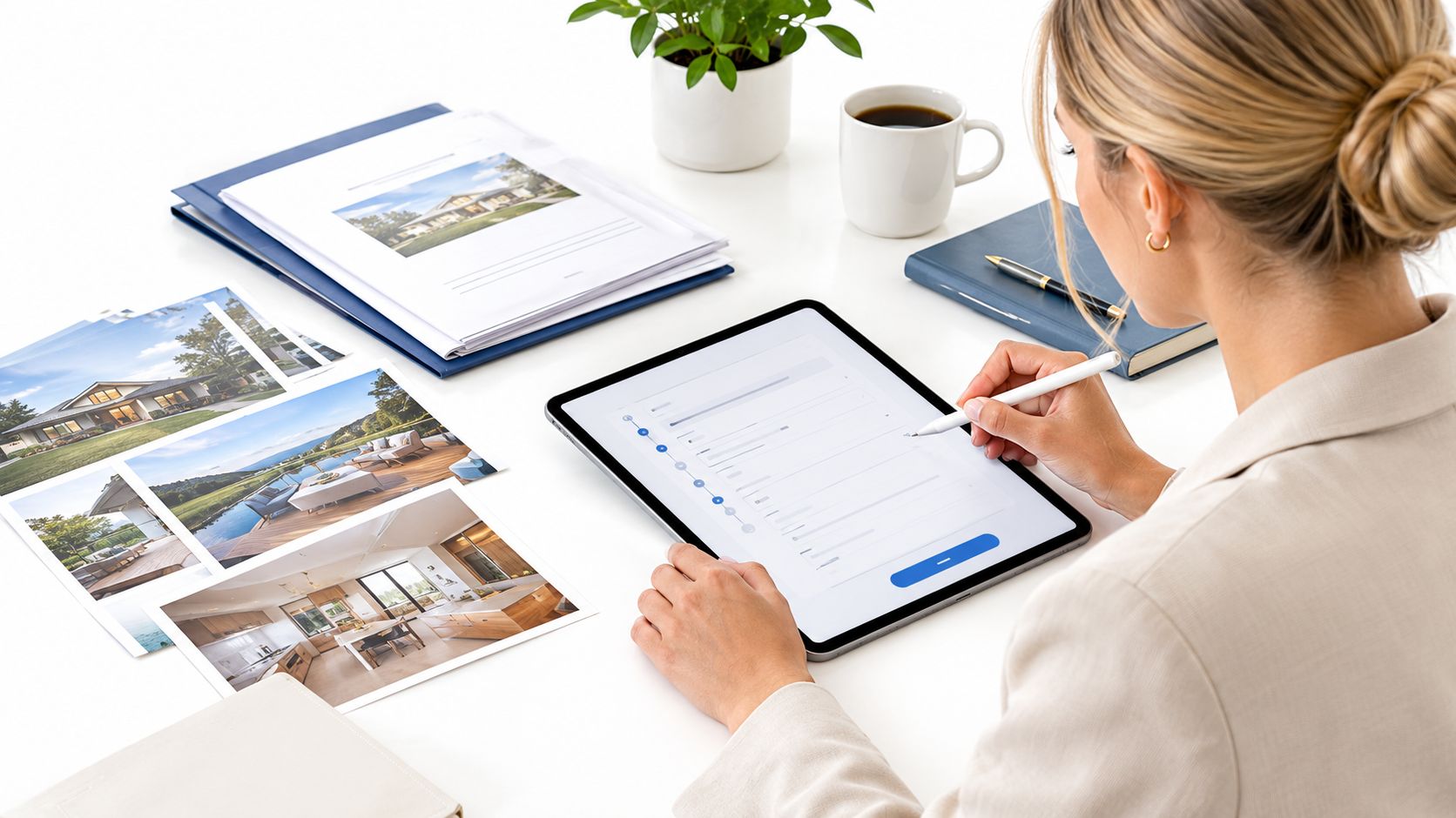 A professional working on a digital tablet with property photos and documents on a white desk.