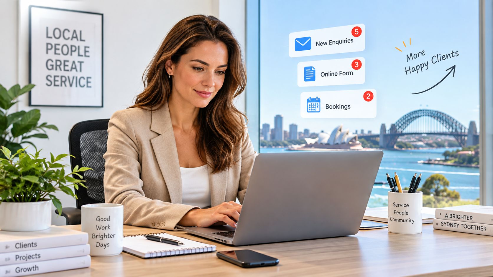 A professional woman working on her laptop in an office overlooking the Sydney Harbour Bridge.