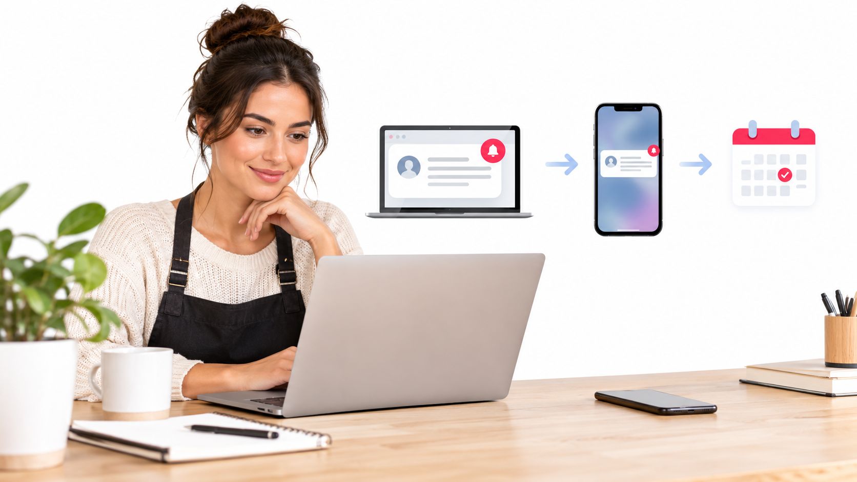 A professional woman working on a laptop with a graphic representing automated notification and scheduling workflows.