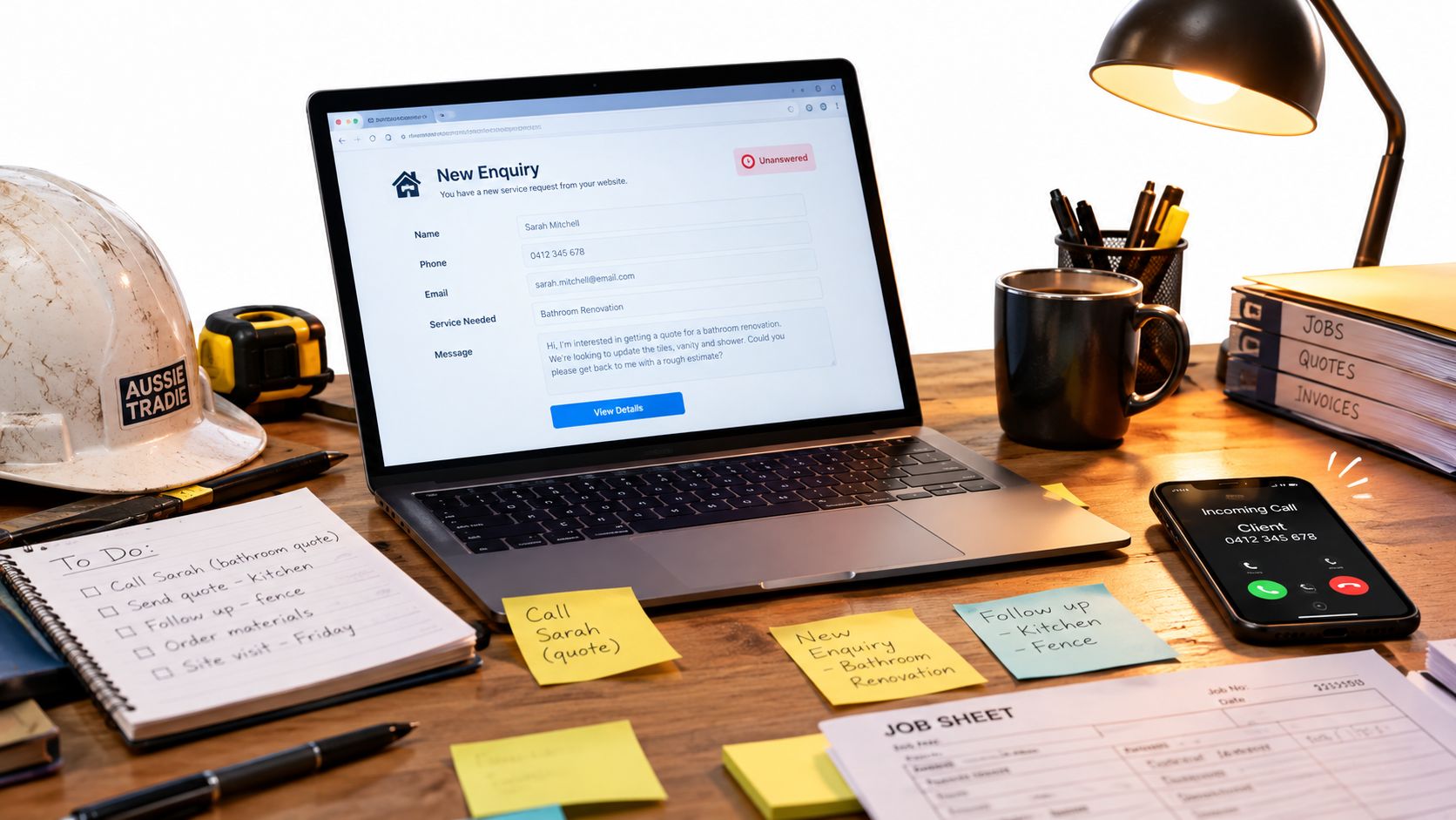 A professional tradesperson's desk featuring a laptop displaying a customer enquiry, a phone ringing, and notes.