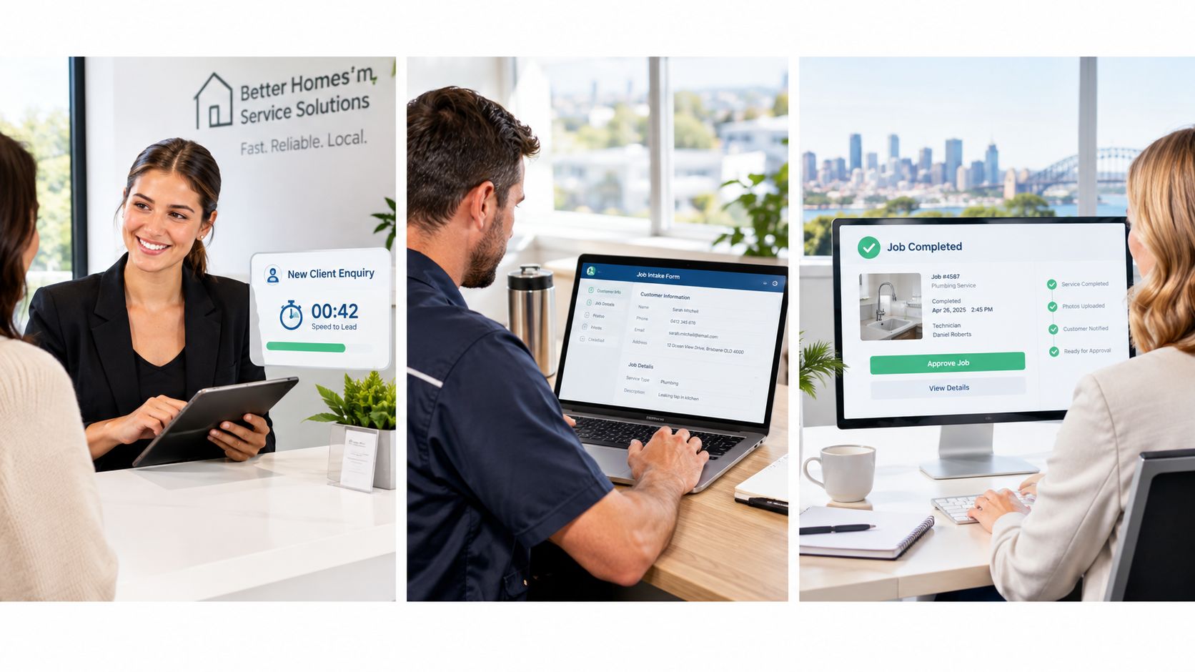 Employees using business management software to handle customer inquiries, job intake, and task completion in an office.