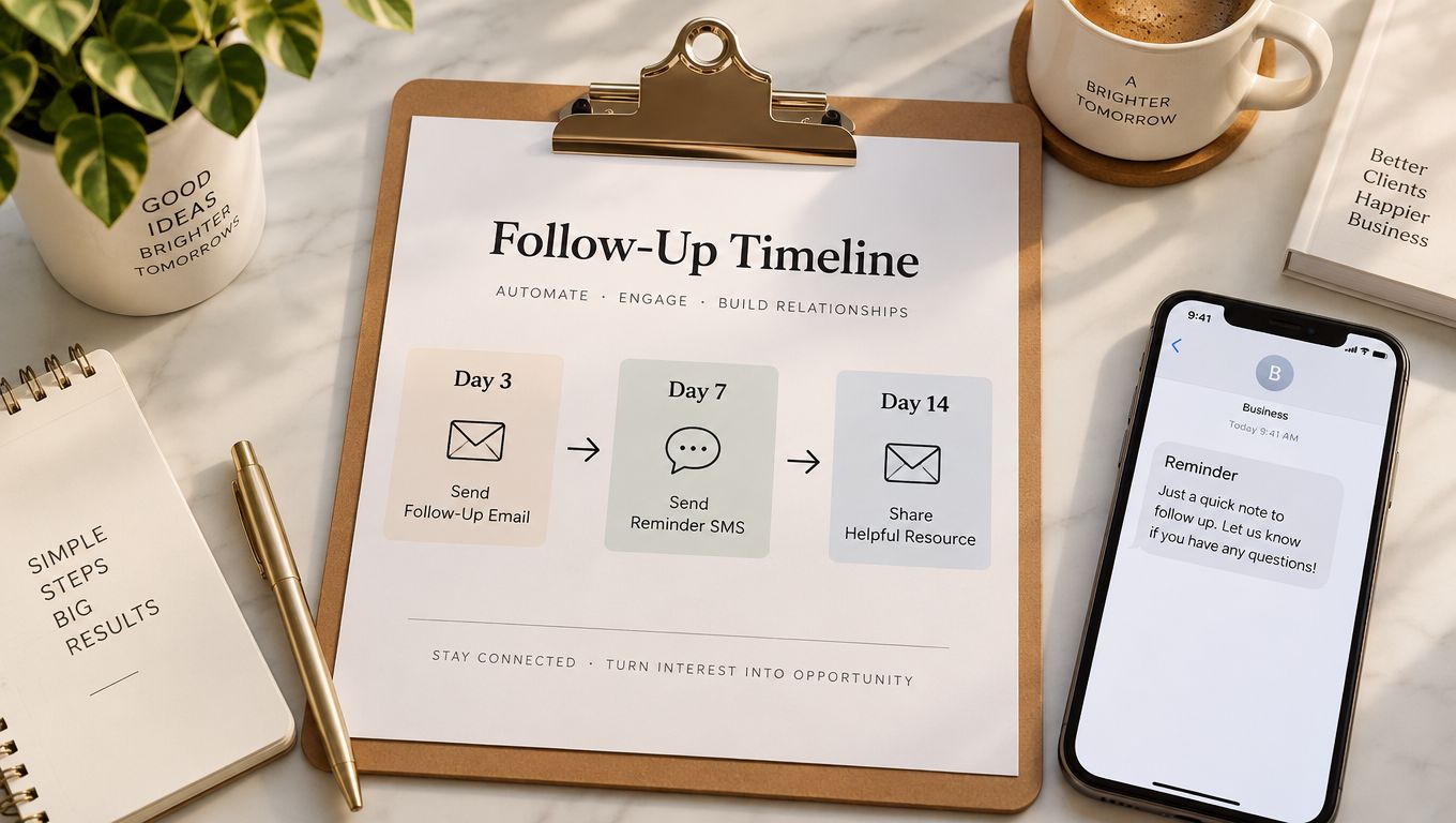 A clipboard showing a follow-up timeline workflow with a phone displaying a reminder message on a desk.