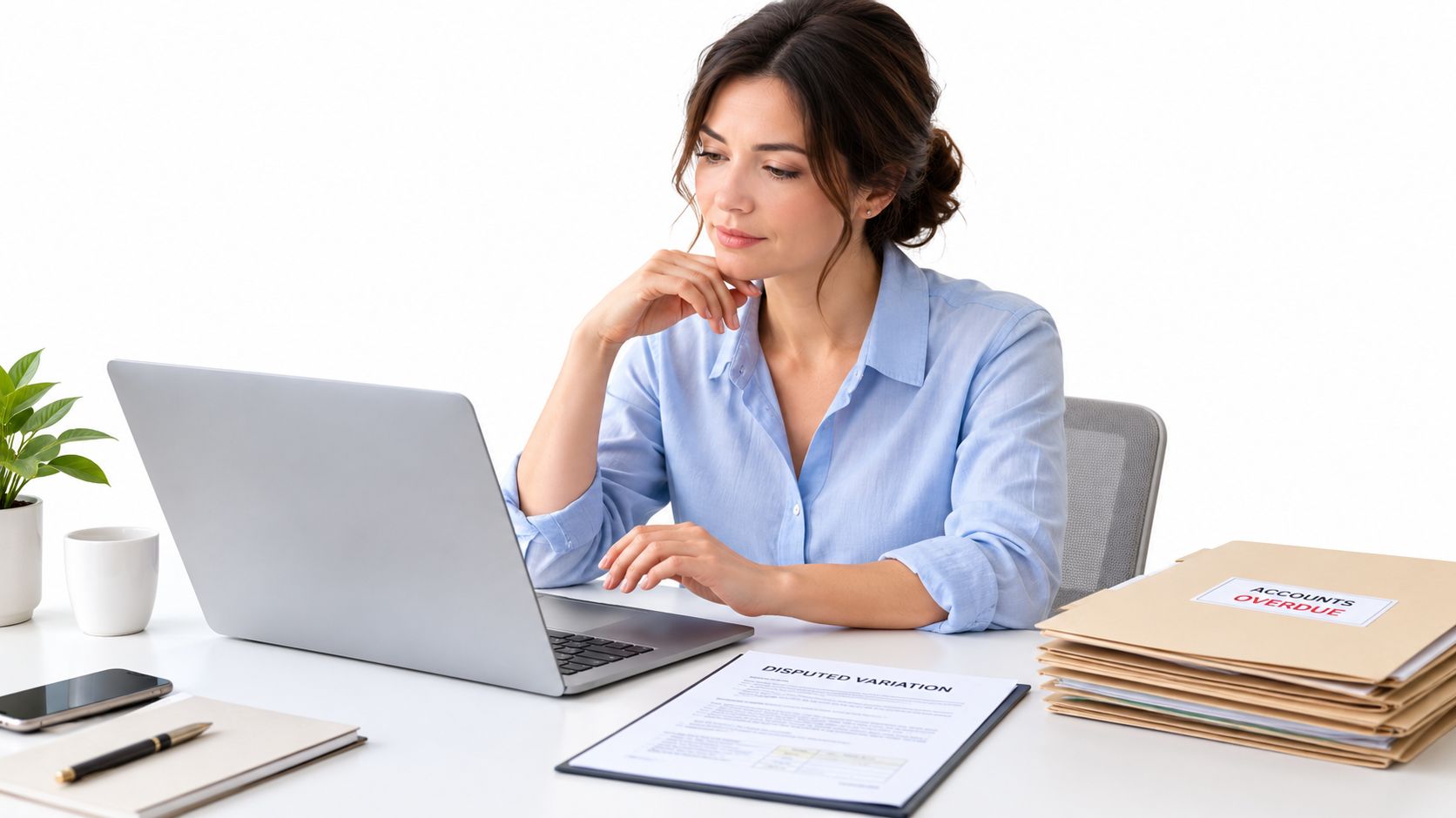 A professional woman working on a laptop at her desk with folders labeled accounts overdue nearby.