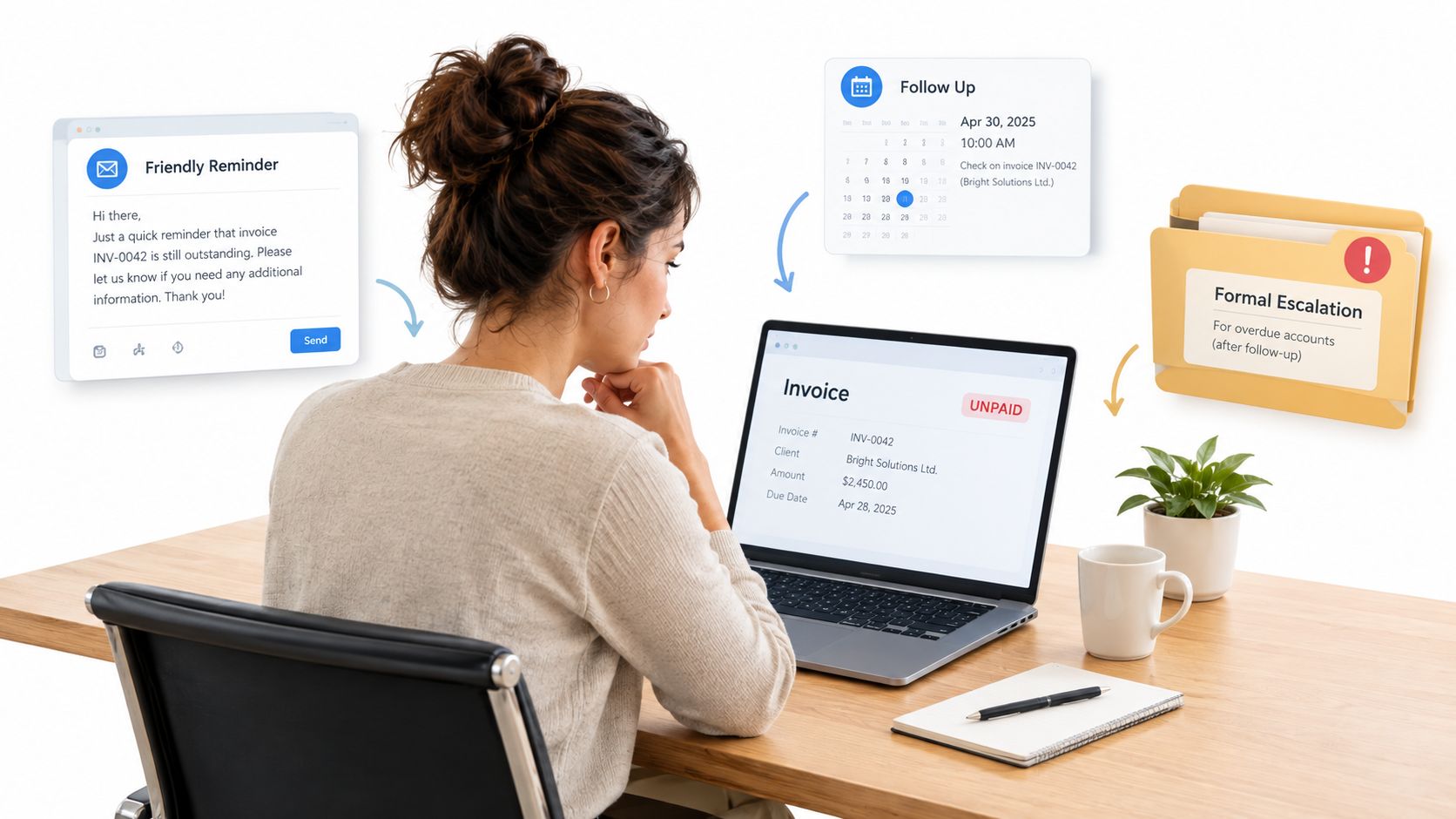 A woman working on a laptop managing an unpaid invoice collection process with automated follow-up reminders.