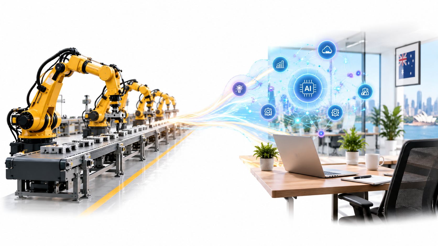 Robotic arms on a factory assembly line connected via digital lines to an AI office computer.