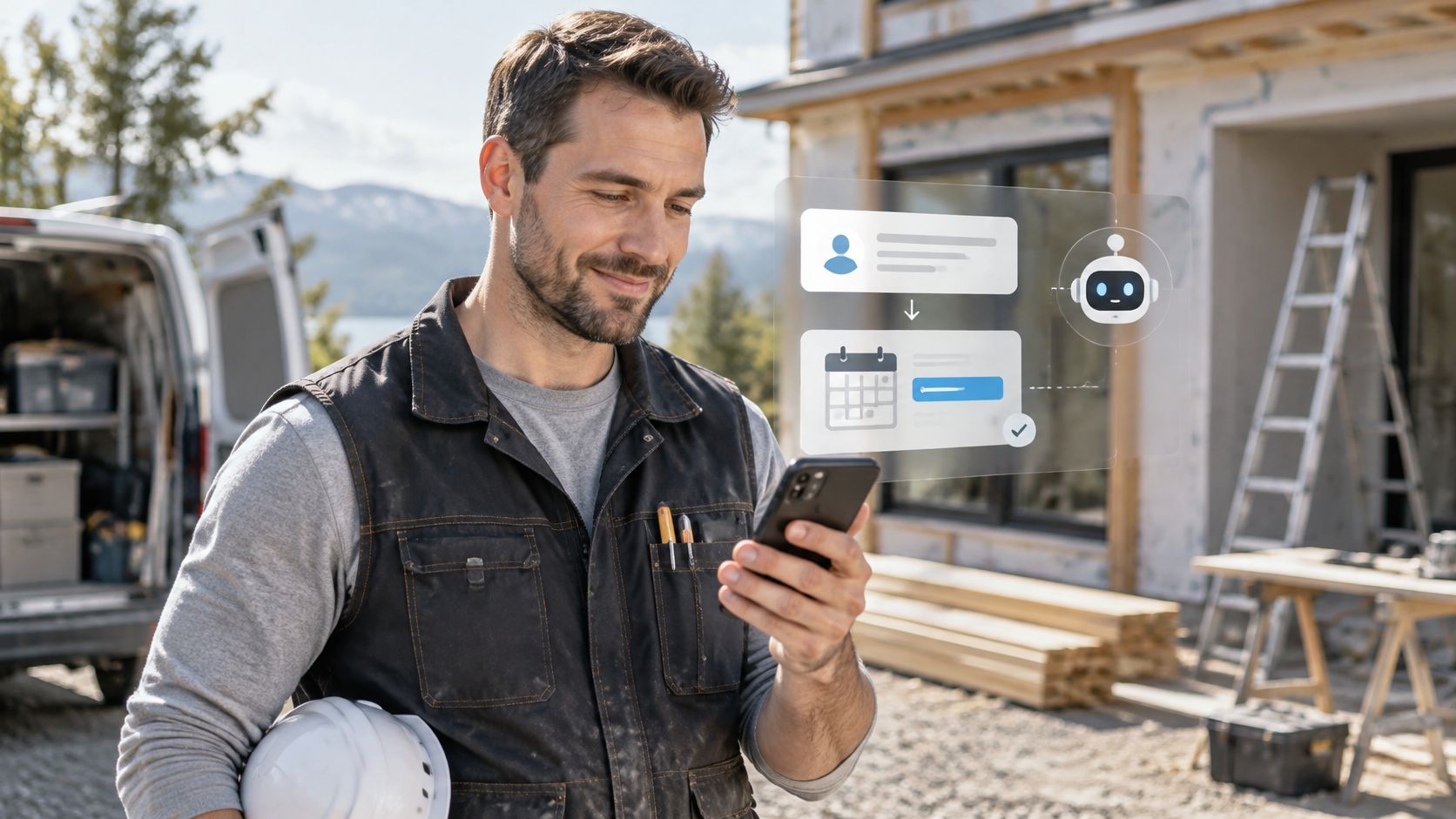 A construction worker uses a smartphone displaying an AI agent interface for scheduling and project management tasks.