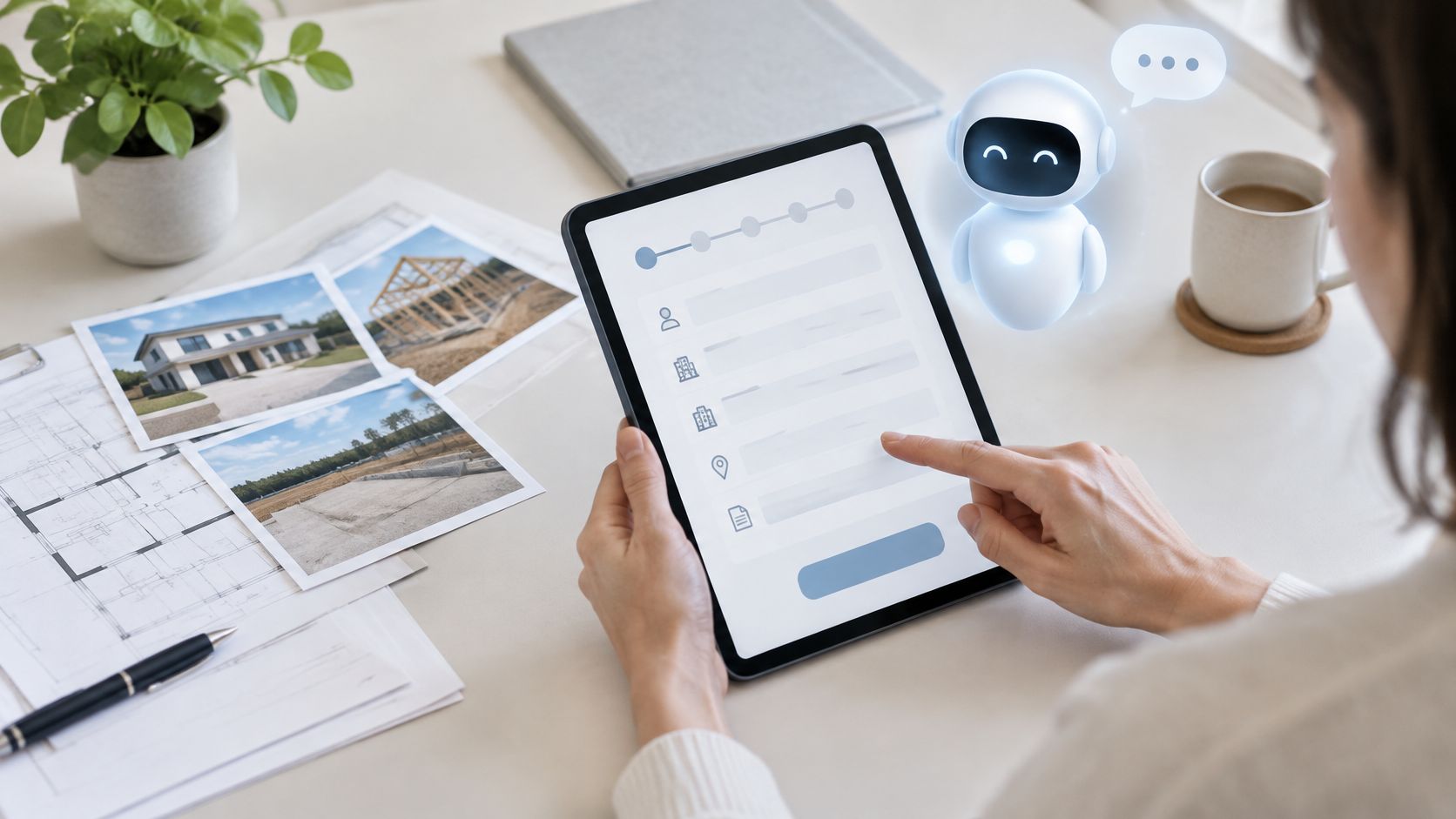 A professional using a tablet to interact with an AI assistant for construction planning and property development.