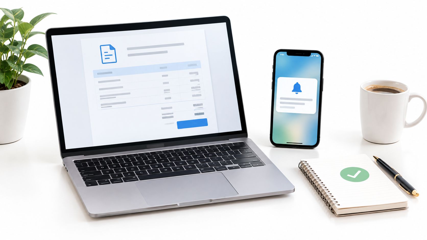 A modern workspace with a laptop displaying a document, a smartphone showing a notification, and a notepad.