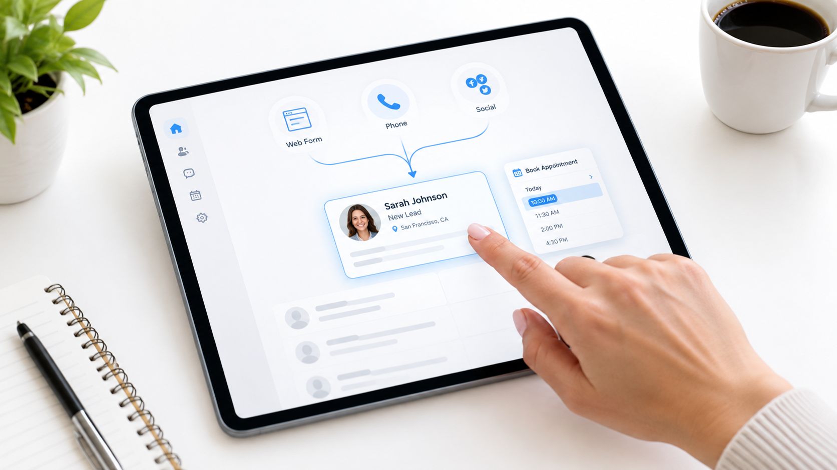 A hand touching a tablet screen displaying lead management software with automated workflow and appointment scheduling features.