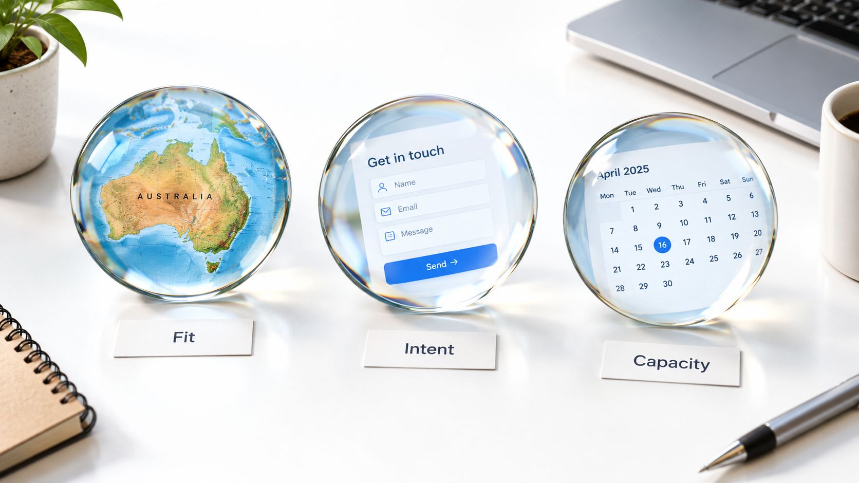 Three glass spheres on a desk representing lead qualification concepts: fit, intent, and capacity.