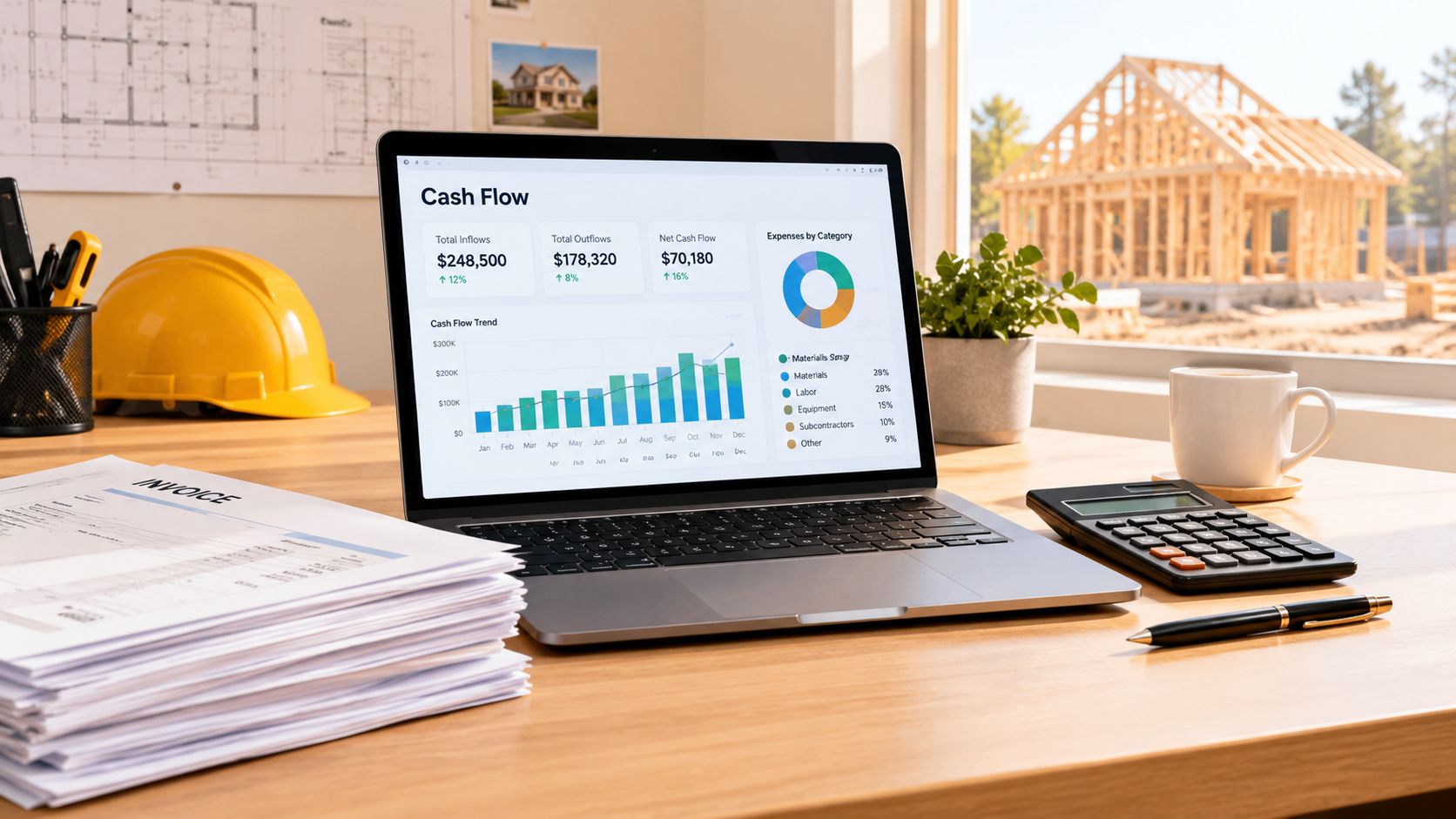 A modern laptop displaying cash flow analytics on a wooden desk with construction site background elements.
