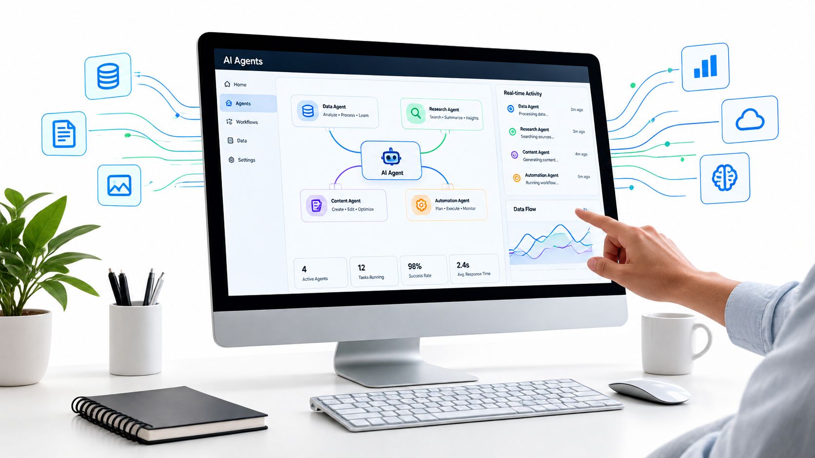A close-up view of a computer monitor displaying an AI agents dashboard with a person interacting with it.