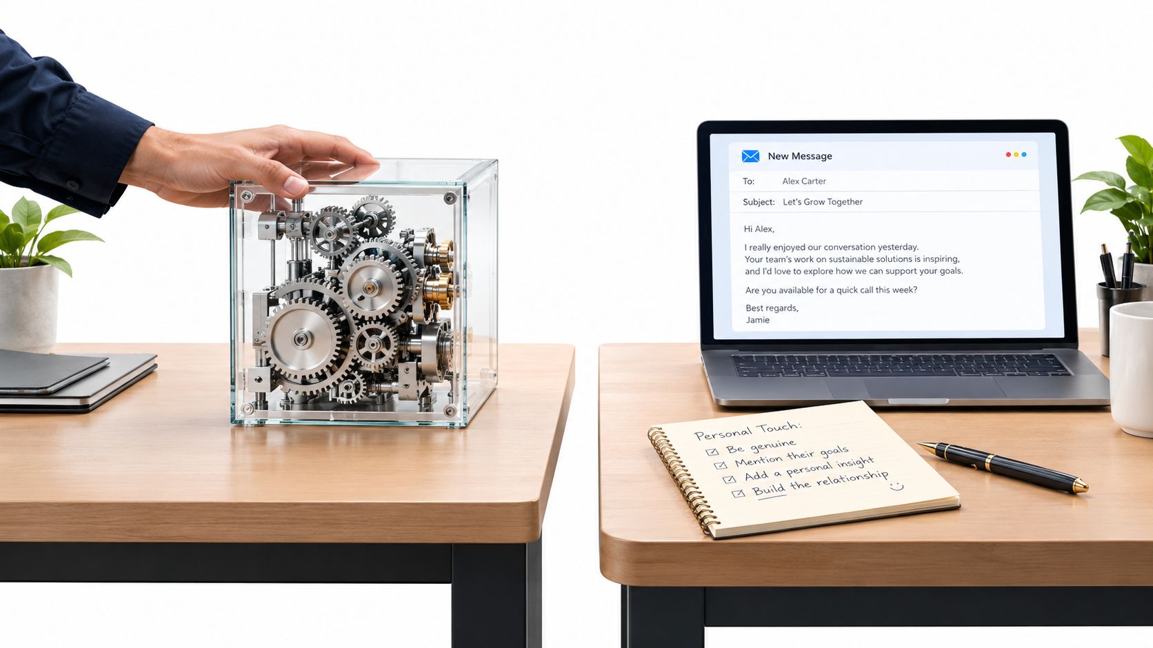 A hand touching a mechanical gear system beside a laptop screen displaying a professional business email.
