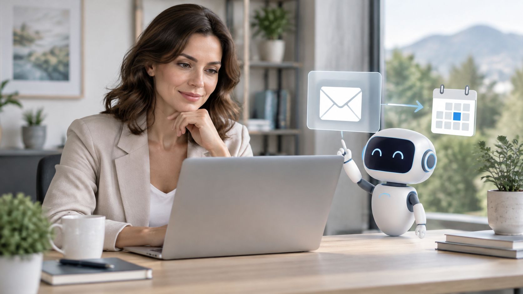 A professional woman working on a laptop with a friendly AI robot assistant helping manage email schedules.