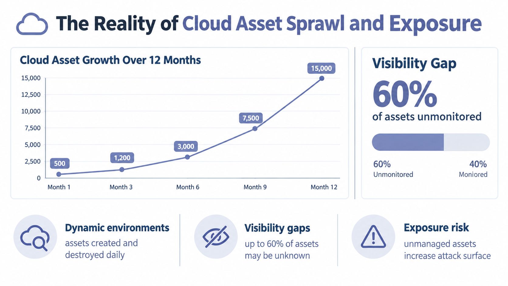 A chart showing the rapid growth of cloud assets over twelve months with a sixty percent visibility gap.