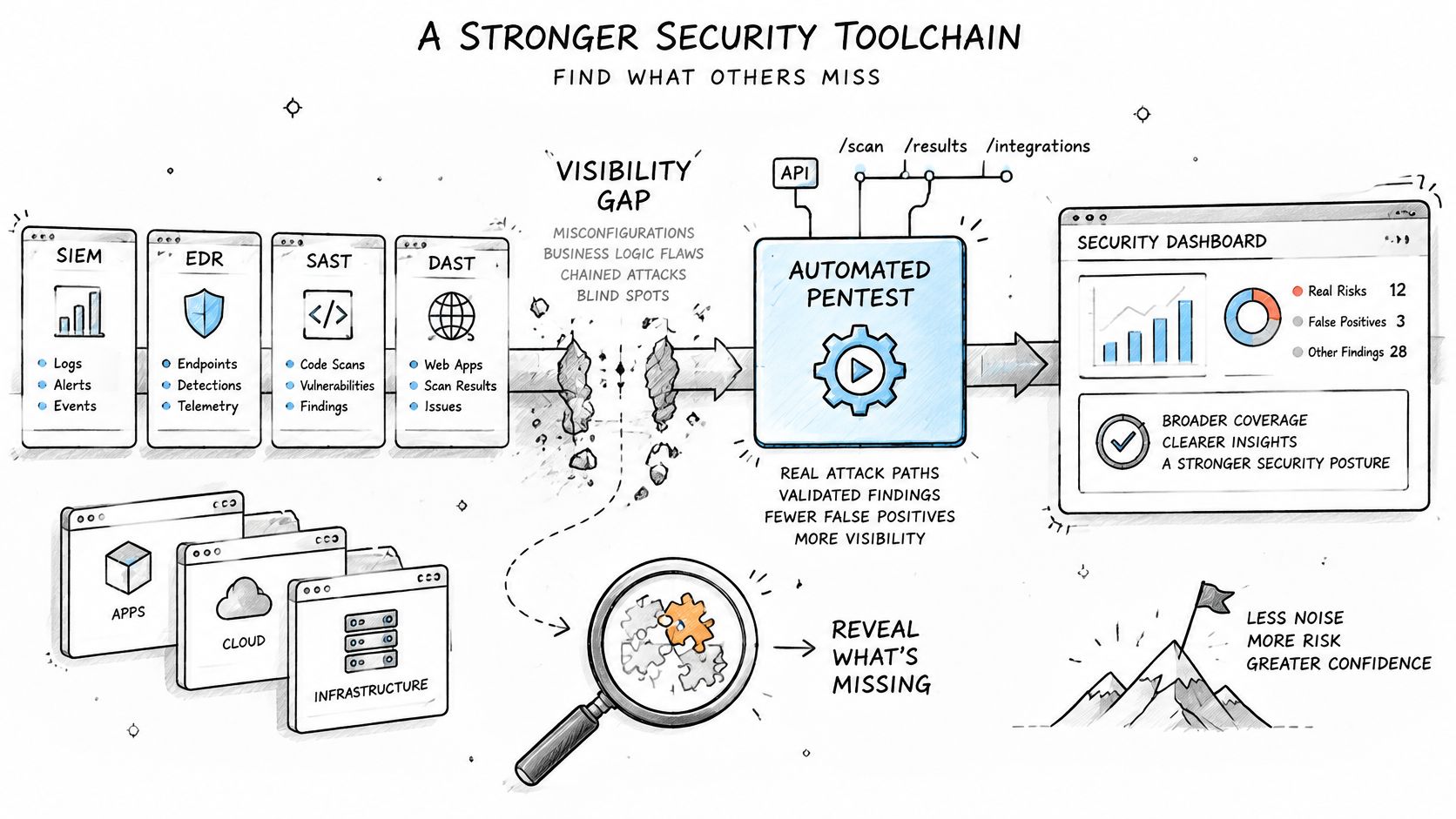 A diagram illustrating how automated pentesting bridges visibility gaps in security toolchains for better risk management.