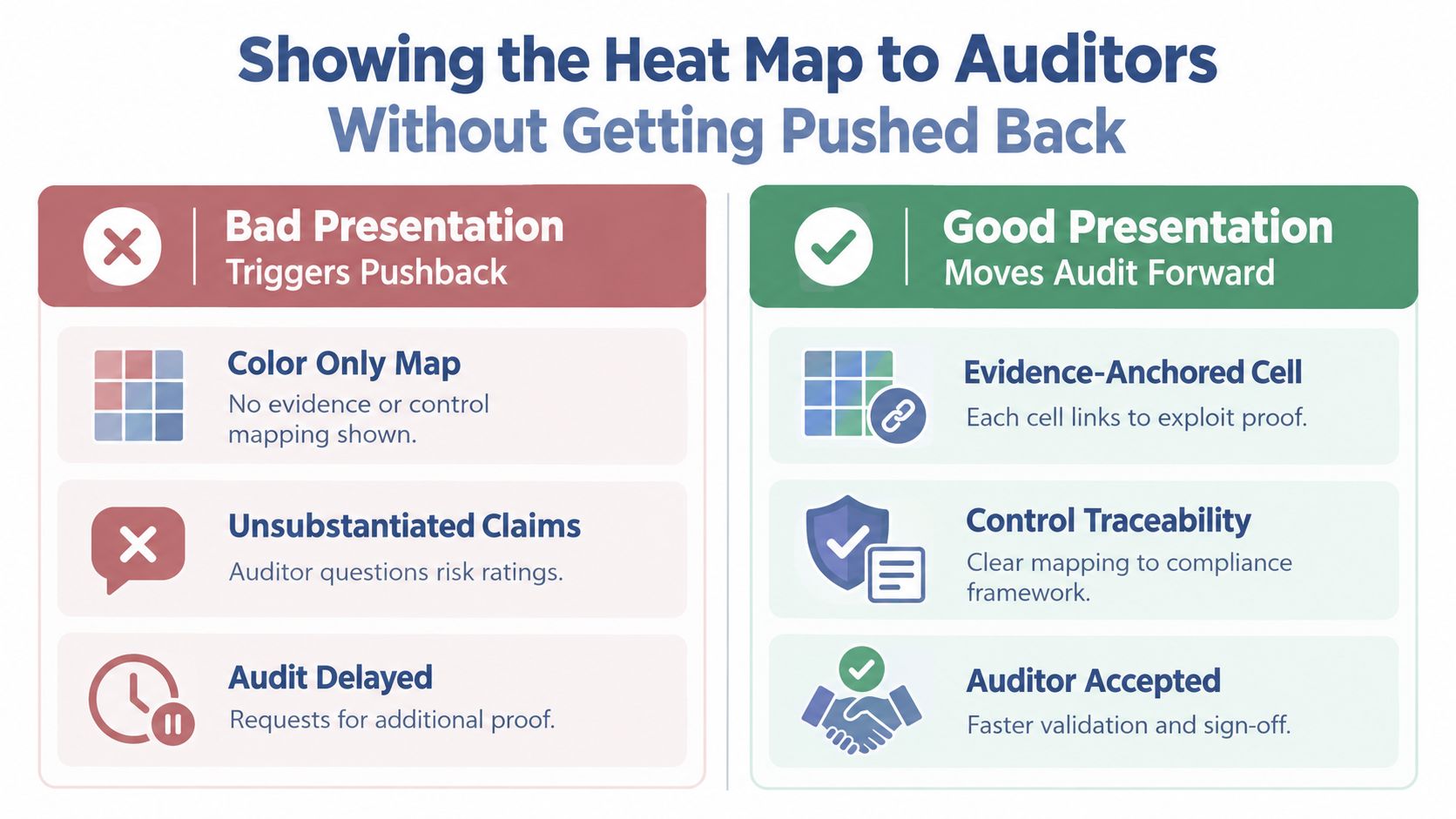 A comparison chart showing how to present a compliance heat map to auditors effectively and avoid pushback.