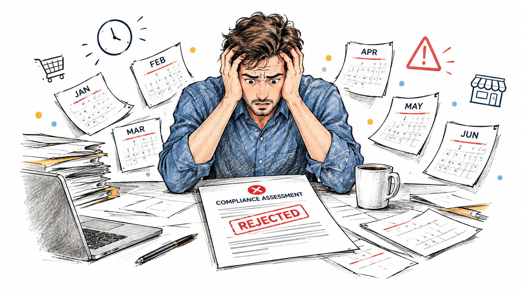 A stressed man sitting at a desk surrounded by calendars, paperwork, and a rejected compliance assessment report.