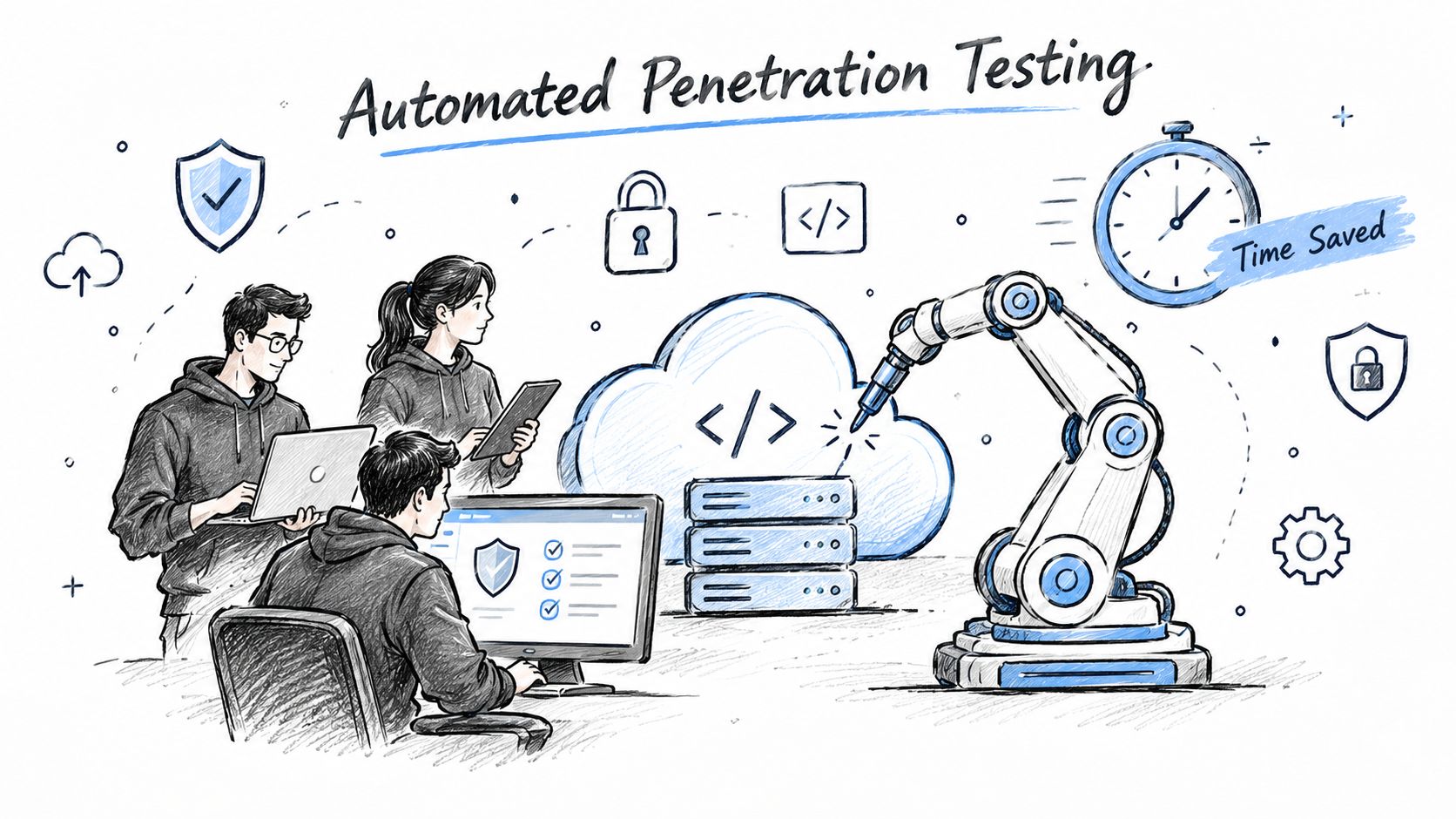 A team of professionals collaborating with a robotic arm to conduct automated penetration testing on cloud infrastructure.