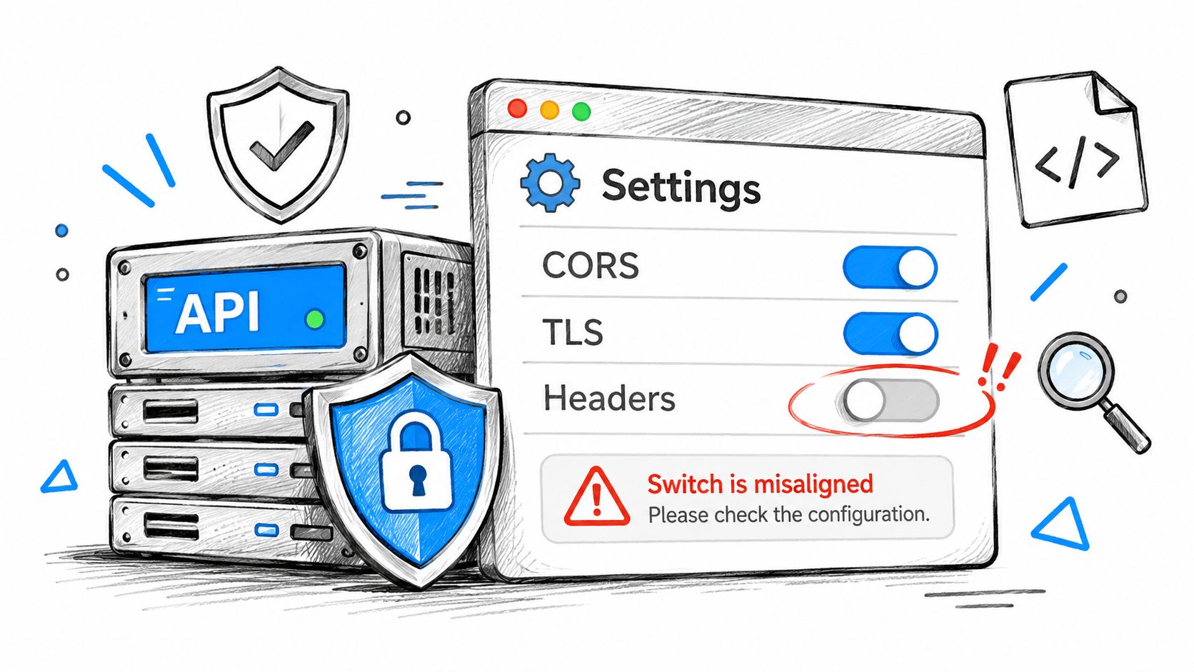 A digital illustration showing a server rack with an API settings window featuring a misaligned security switch.