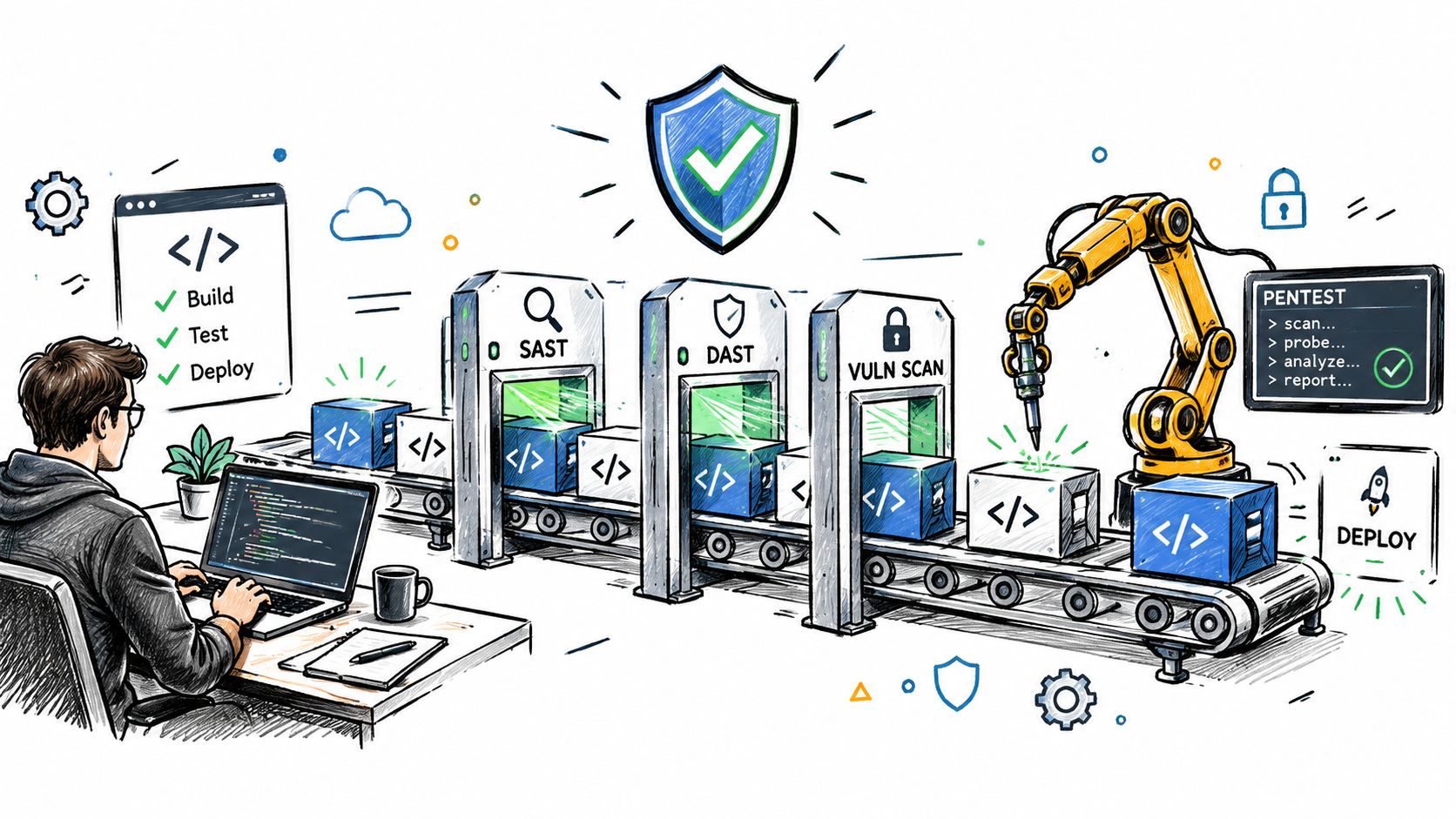 A developer working on code in an automated CI/CD pipeline security scanning and deployment process illustration.